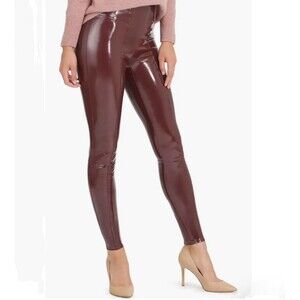 Spanx Shape Faux Patent Leather Leggings Ruby Burgundy Compression Shaping M EUC